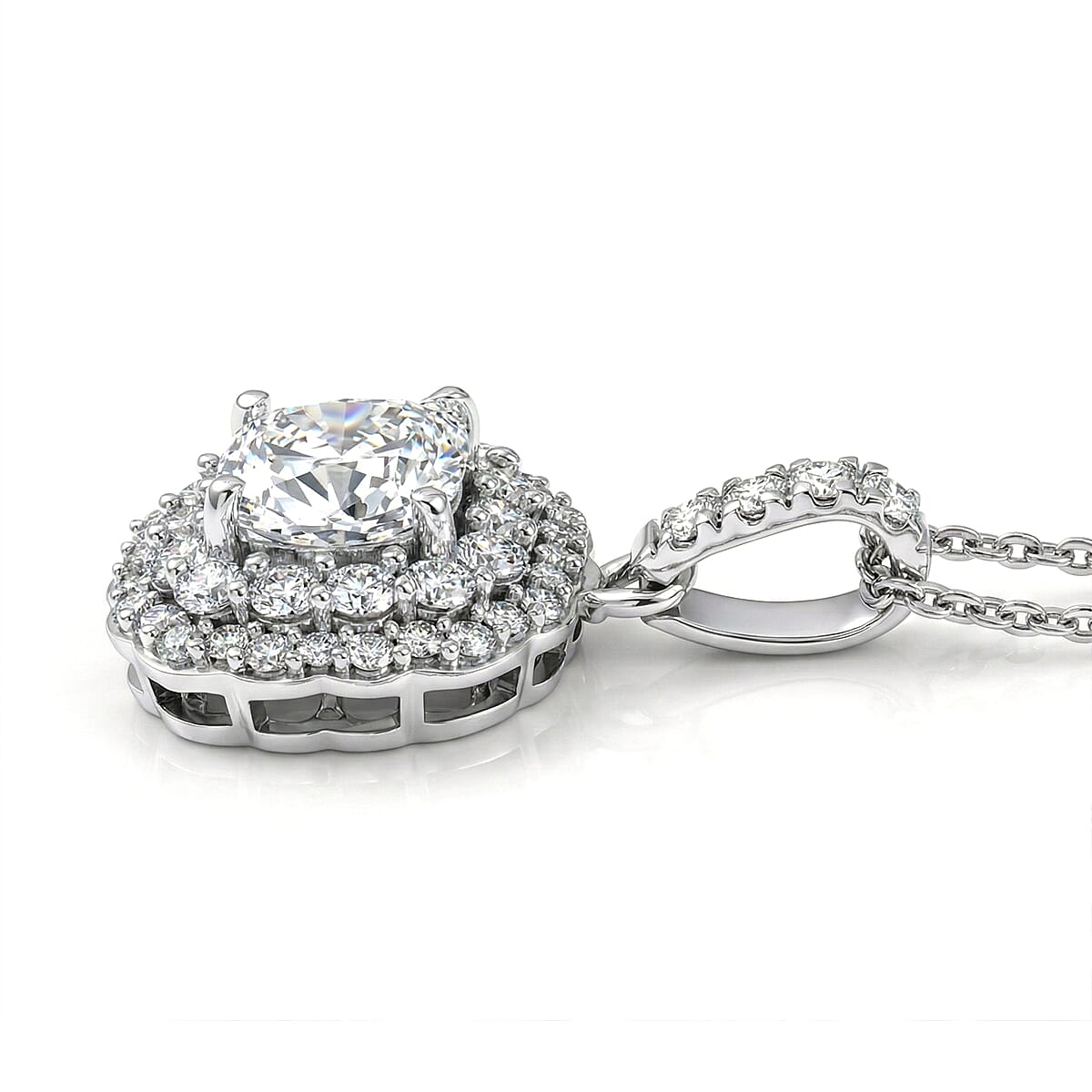 Luxuriant Lab Grown Diamond G-H SI 1.80 ctw Radiant Sunburst Pendant Necklace in Rhodium Over Sterling Silver 20 Inches 