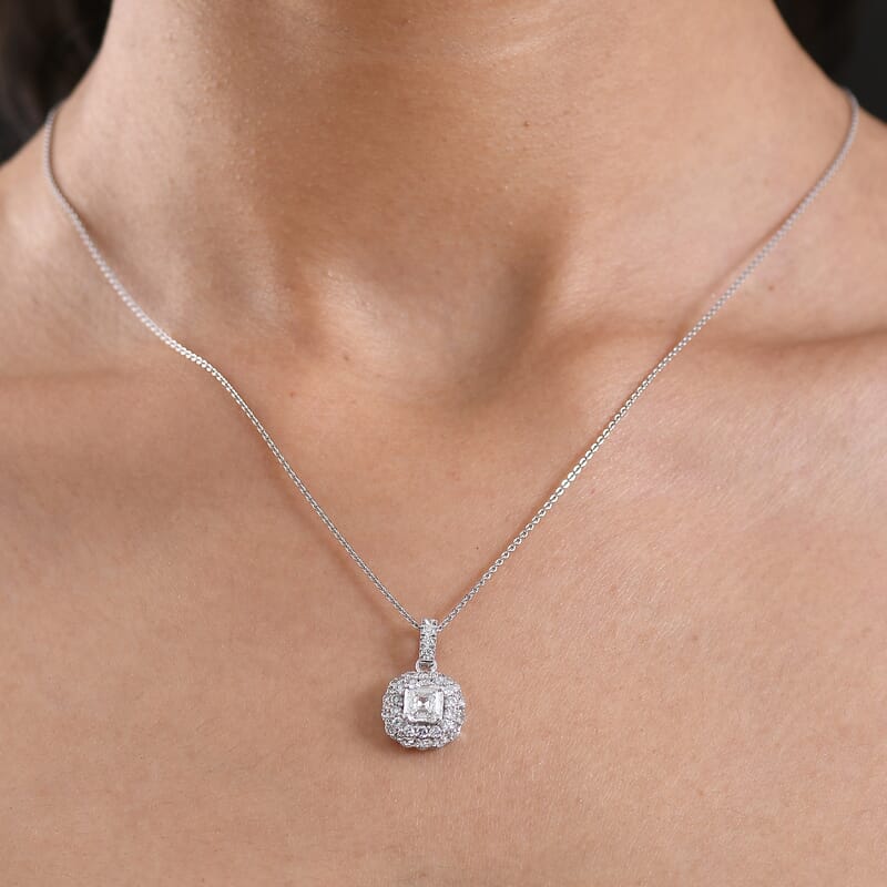 Luxuriant Lab Grown Diamond G-H SI 1.70 ctw Radiant Sunburst Pendant Necklace in Rhodium Over Sterling Silver 20 Inches