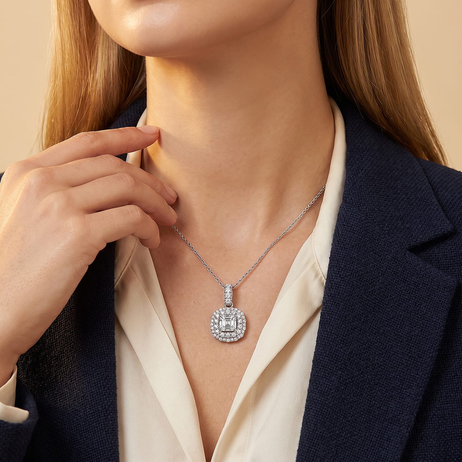 Luxuriant Lab Grown Diamond G-H SI 1.70 ctw Radiant Sunburst Pendant Necklace in Rhodium Over Sterling Silver 20 Inches