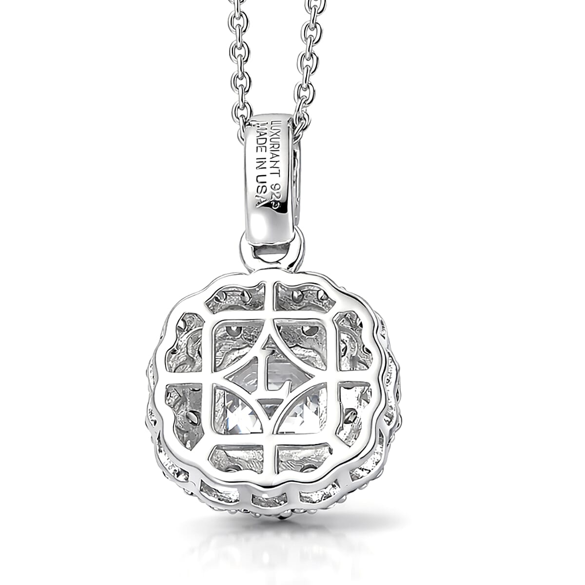 Luxuriant Lab Grown Diamond G-H SI 1.70 ctw Radiant Sunburst Pendant Necklace in Rhodium Over Sterling Silver 20 Inches  image number 4