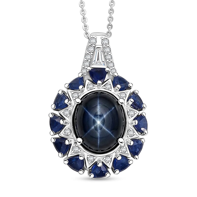 D'Joy Blue Star Sapphire (DF) and Multi Gemstone 8.60 ctw Starburst Blossom Pendant Necklace in Rhodium Over Sterling Silver (20 Inches)