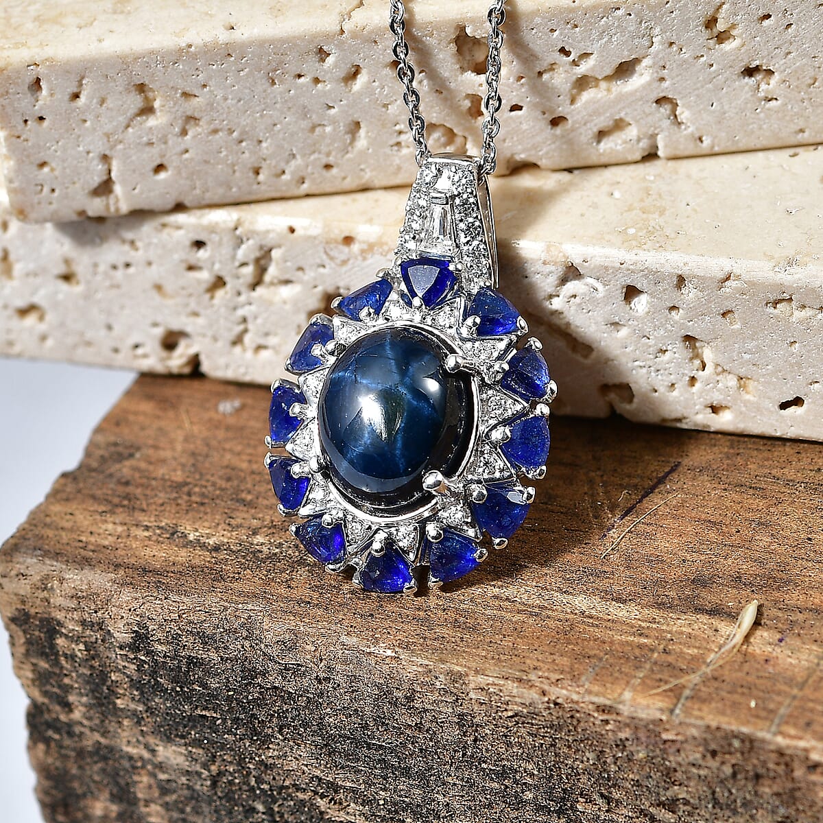 D'Joy Blue Star Sapphire (DF) and Multi Gemstone 8.60 ctw Pendant Necklace in Rhodium Over Sterling Silver (20 Inches) image number 1