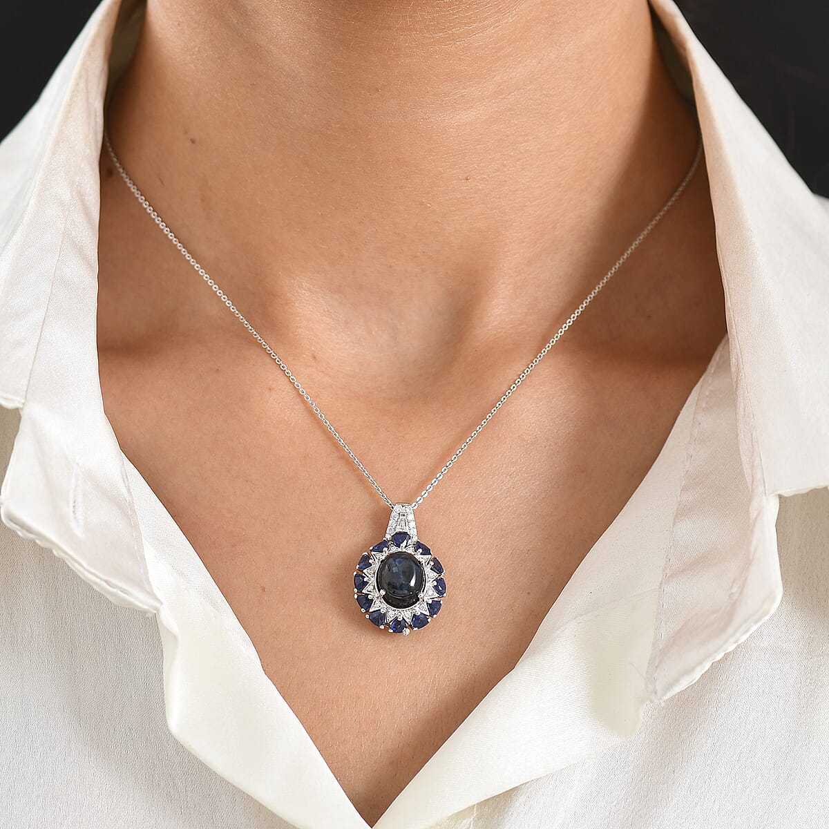 D'Joy Blue Star Sapphire (DF) and Multi Gemstone 8.60 ctw Pendant Necklace in Rhodium Over Sterling Silver (20 Inches) image number 2