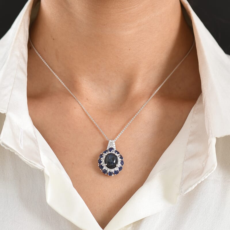 D'Joy Blue Star Sapphire (DF) and Multi Gemstone 8.60 ctw Starburst Blossom Pendant Necklace in Rhodium Over Sterling Silver (20 Inches)