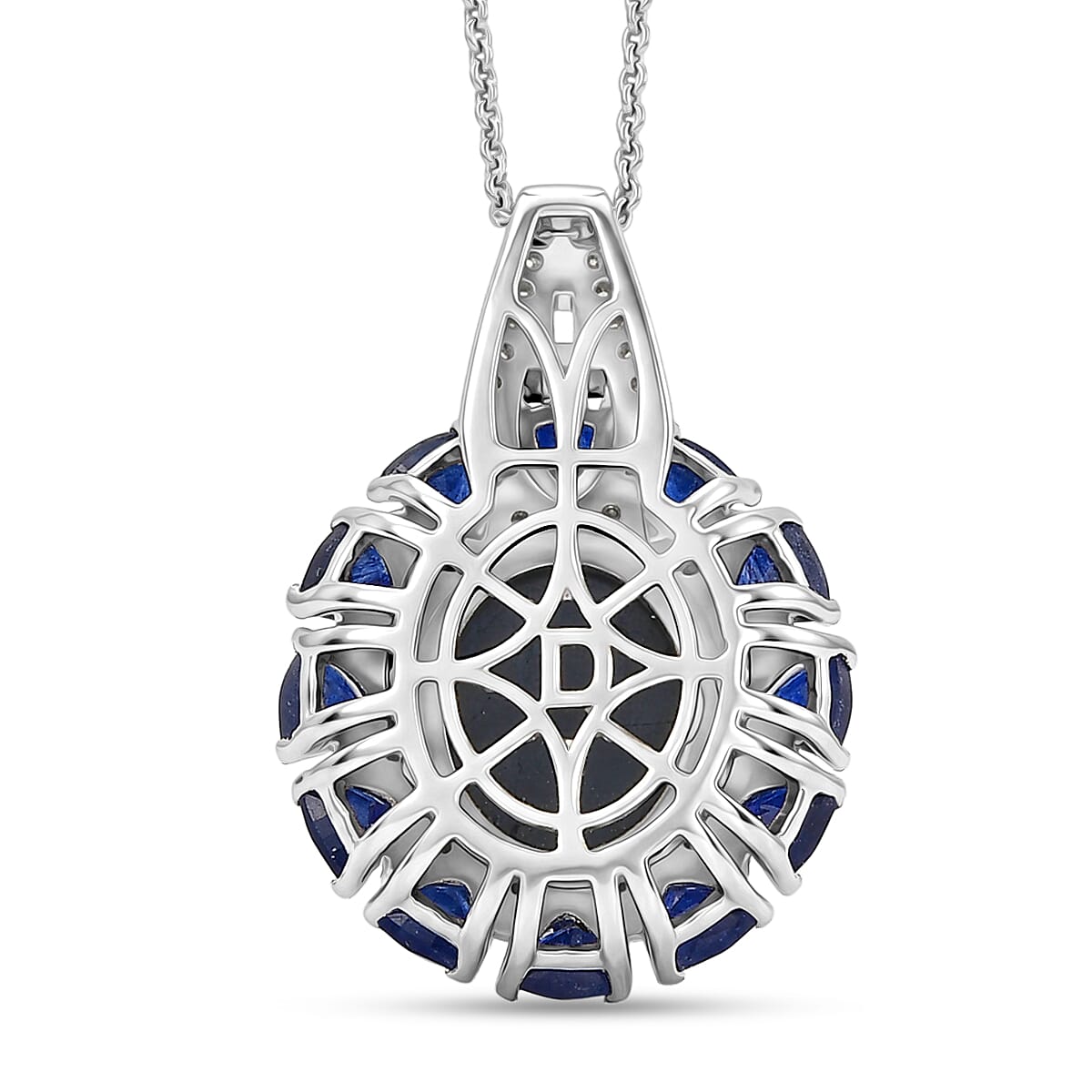 D'Joy Blue Star Sapphire (DF) and Multi Gemstone 8.60 ctw Starburst Blossom Pendant Necklace in Rhodium Over Sterling Silver (20 Inches)