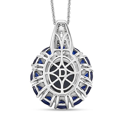 D'Joy Blue Star Sapphire (DF) and Multi Gemstone 8.60 ctw Starburst Blossom Pendant Necklace in Rhodium Over Sterling Silver (20 Inches)