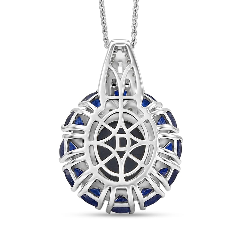 D'Joy Blue Star Sapphire (DF) and Multi Gemstone 8.60 ctw Starburst Blossom Pendant Necklace in Rhodium Over Sterling Silver (20 Inches)