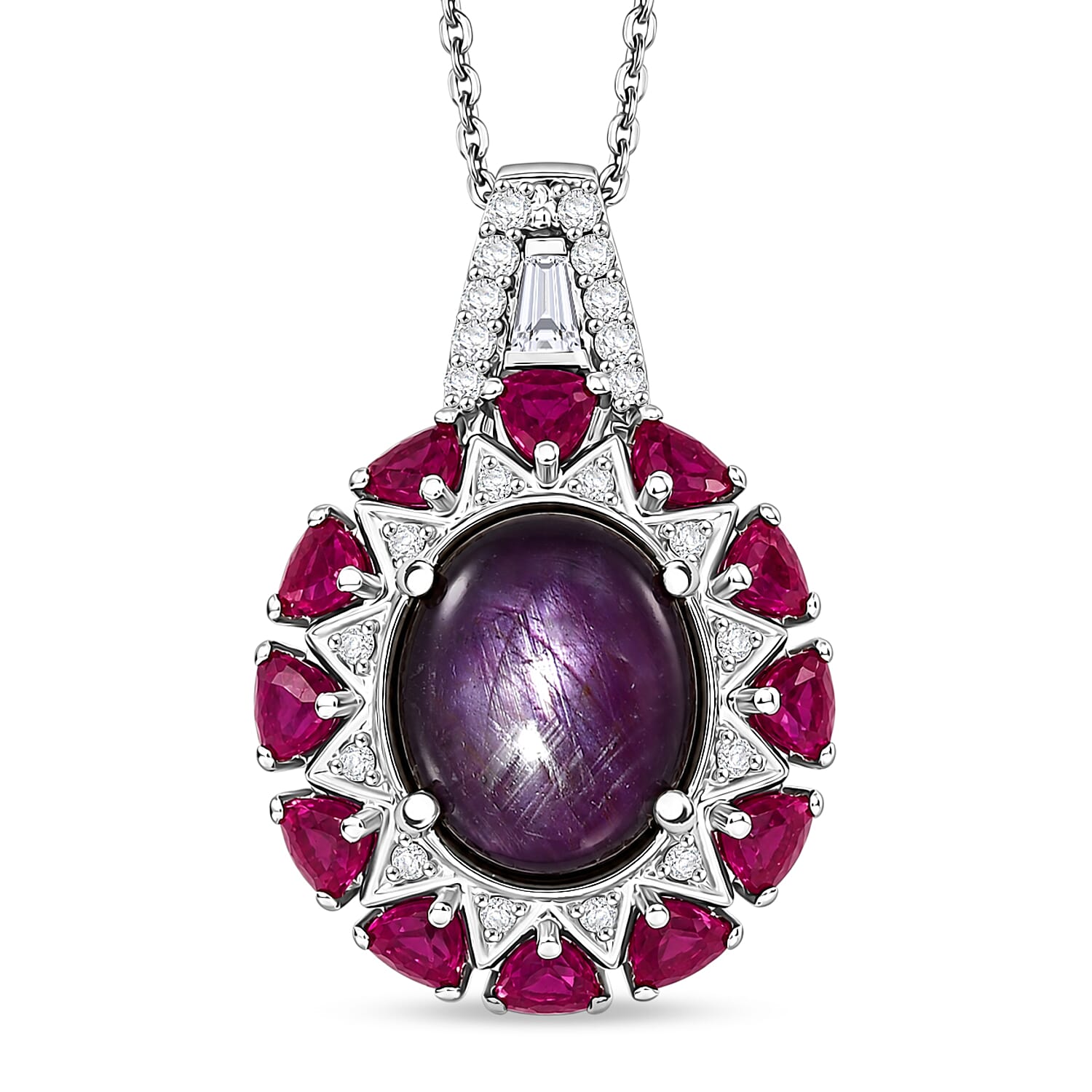 D'Joy Indian Star Ruby and Multi Gemstone 9.40 ctw Starburst Blossom Pendant Necklace in Rhodium Over Sterling Silver (20 Inches
