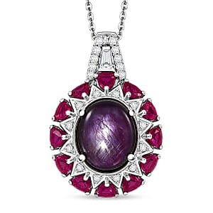 D'Joy Indian Star Ruby and Multi Gemstone 9.40 ctw Starburst Blossom Pendant Necklace in Rhodium Over Sterling Silver (20 Inches)