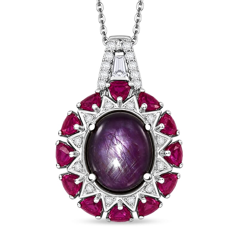 D'Joy Indian Star Ruby and Multi Gemstone 9.40 ctw Starburst Blossom Pendant Necklace in Rhodium Over Sterling Silver (20 Inches)
