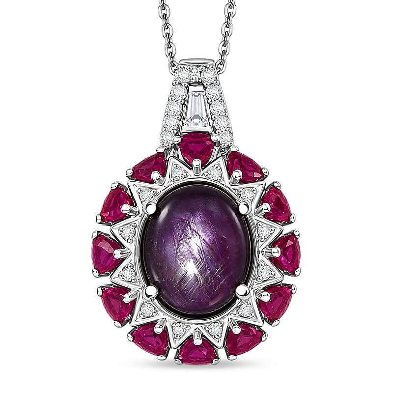 D'Joy Indian Star Ruby and Multi Gemstone 9.40 ctw Starburst Blossom Pendant Necklace in Rhodium Over Sterling Silver (20 Inches)