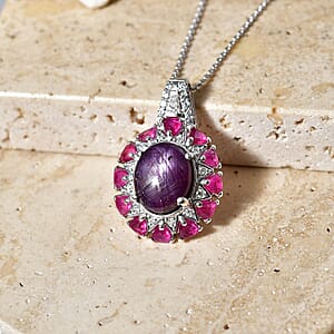 D'Joy Indian Star Ruby and Multi Gemstone 9.40 ctw Starburst Blossom Pendant Necklace in Rhodium Over Sterling Silver (20 Inches)