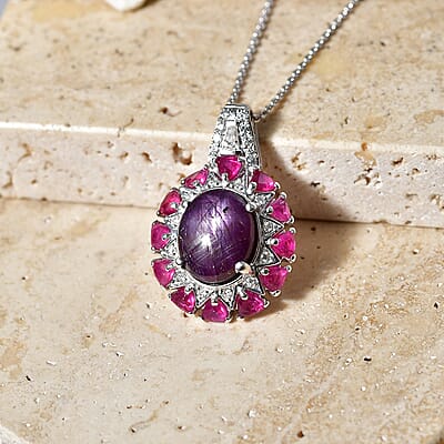 D'Joy Indian Star Ruby and Multi Gemstone 9.40 ctw Starburst Blossom Pendant Necklace in Rhodium Over Sterling Silver (20 Inches)