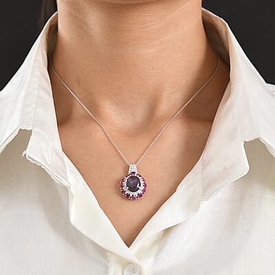 D'Joy Indian Star Ruby and Multi Gemstone 9.40 ctw Starburst Blossom Pendant Necklace in Rhodium Over Sterling Silver (20 Inches)