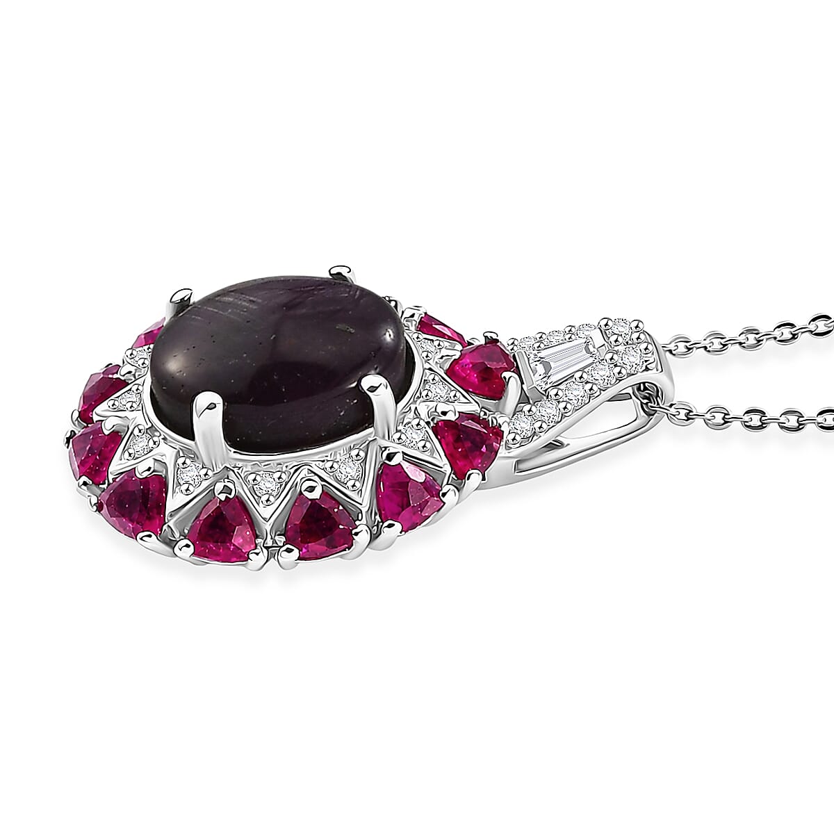 D'Joy Indian Star Ruby and Multi Gemstone 9.40 ctw Starburst Blossom Pendant Necklace in Rhodium Over Sterling Silver (20 Inches) image number 3
