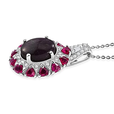 D'Joy Indian Star Ruby and Multi Gemstone 9.40 ctw Starburst Blossom Pendant Necklace in Rhodium Over Sterling Silver (20 Inches)