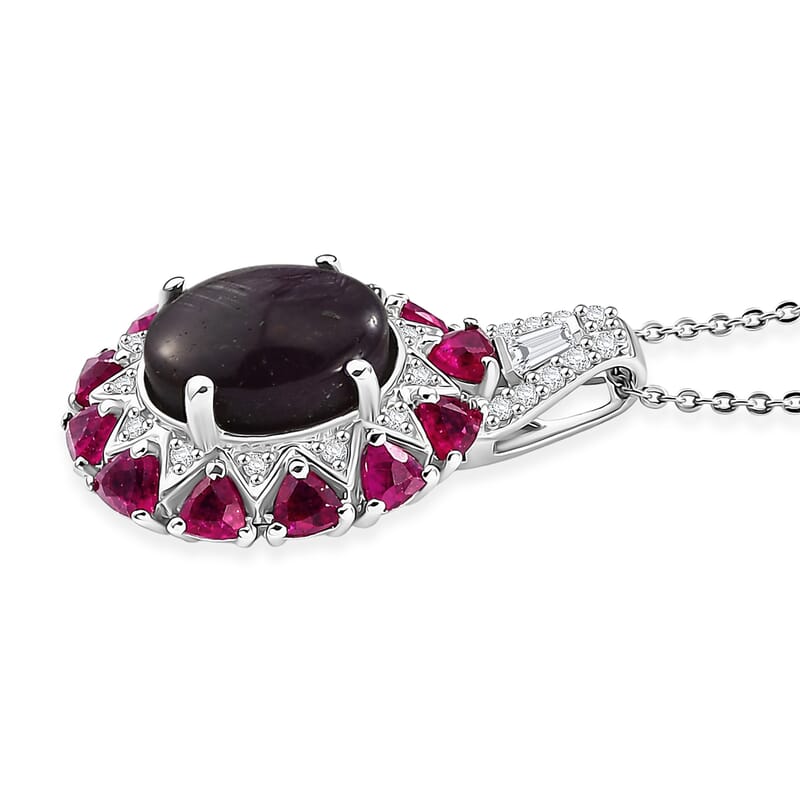 D'Joy Indian Star Ruby and Multi Gemstone 9.40 ctw Starburst Blossom Pendant Necklace in Rhodium Over Sterling Silver (20 Inches)
