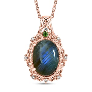 EverTrue Premium Malagasy Labradorite and Multi Gemstone 5.65 ctw Pendant in 18K RG Plated with ION Plated RG Stainless Steel Necklace 20 Inches