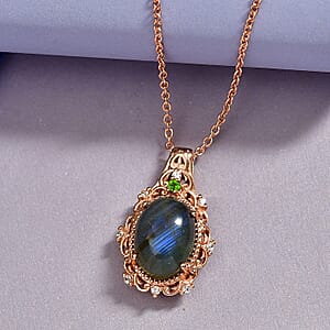 EverTrue Premium Malagasy Labradorite and Multi Gemstone 5.65 ctw Pendant in 18K RG Plated with ION Plated RG Stainless Steel Necklace 20 Inches