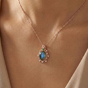 EverTrue Premium Malagasy Labradorite and Multi Gemstone 5.65 ctw Pendant in 18K RG Plated with ION Plated RG Stainless Steel Necklace 20 Inches