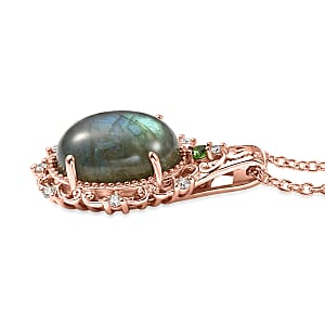 EverTrue Premium Malagasy Labradorite and Multi Gemstone 5.65 ctw Pendant in 18K RG Plated with ION Plated RG Stainless Steel Necklace 20 Inches