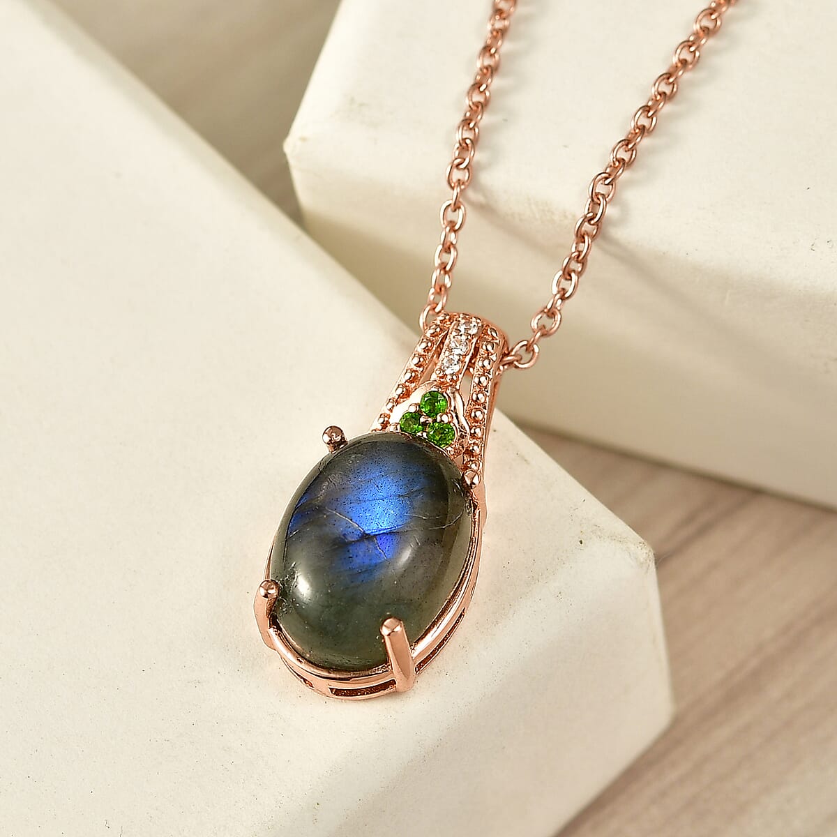 EverTrue Premium Malagasy Labradorite and Multi Gemstone 5.60 ctw Pendant in 18K RG Plated with ION Plated RG Stainless Steel Necklace 20 Inches image number 1
