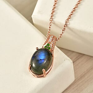 EverTrue Premium Malagasy Labradorite and Multi Gemstone 5.60 ctw Pendant in 18K RG Plated with ION Plated RG Stainless Steel Necklace 20 Inches