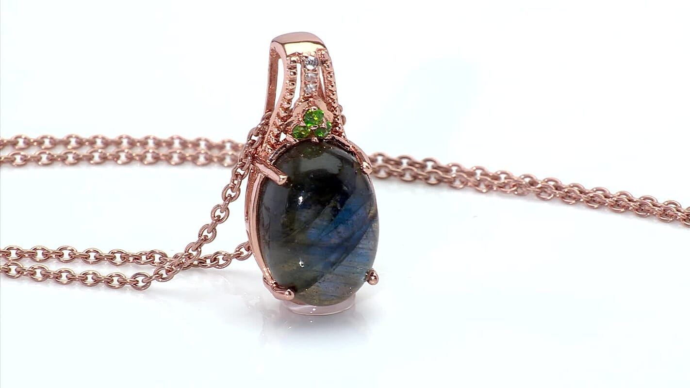 EverTrue Premium Malagasy Labradorite and Multi Gemstone 5.60 ctw Pendant in 18K RG Plated with ION Plated RG Stainless Steel Necklace 20 Inches