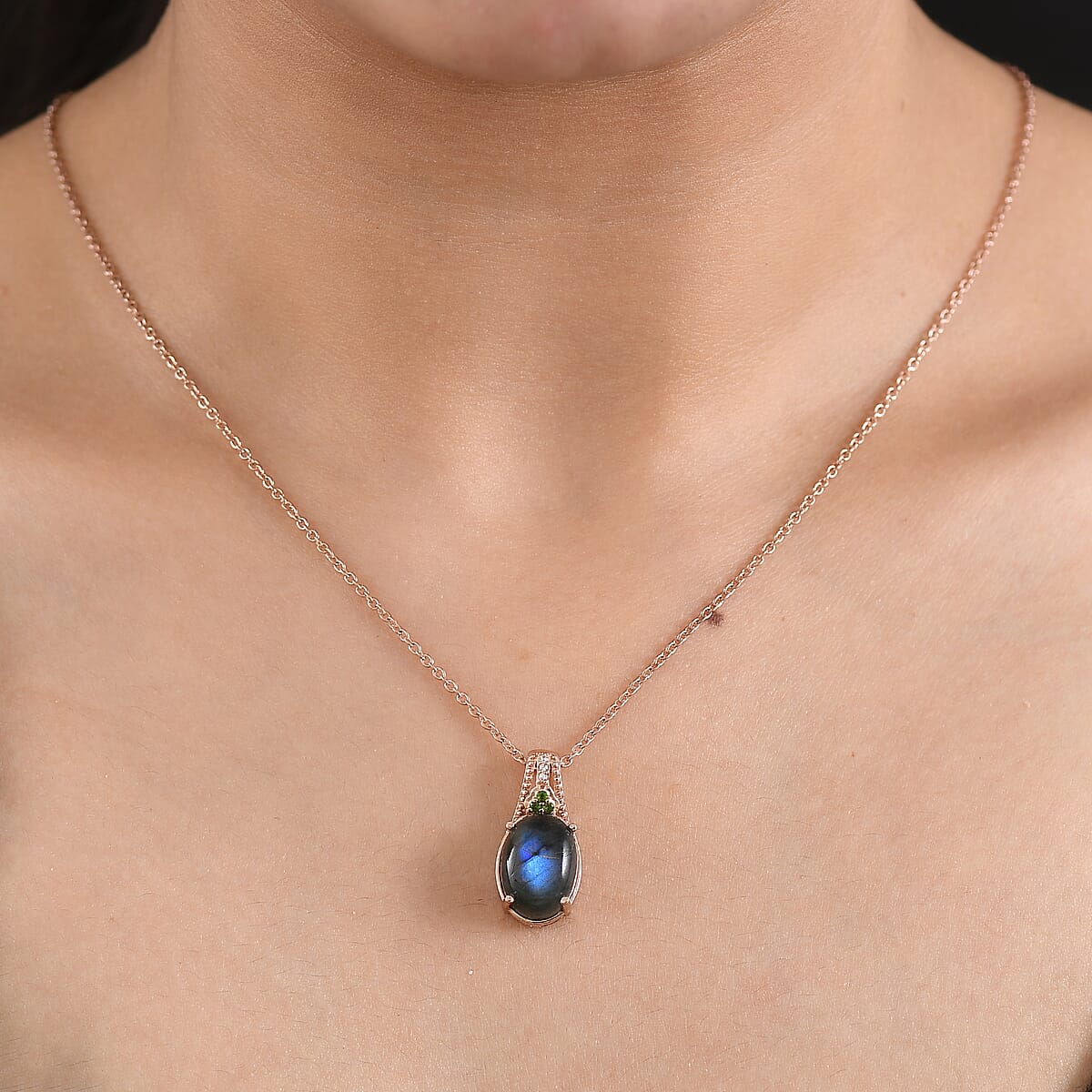 EverTrue Premium Malagasy Labradorite and Multi Gemstone 5.60 ctw Pendant in 18K RG Plated with ION Plated RG Stainless Steel Necklace 20 Inches image number 2
