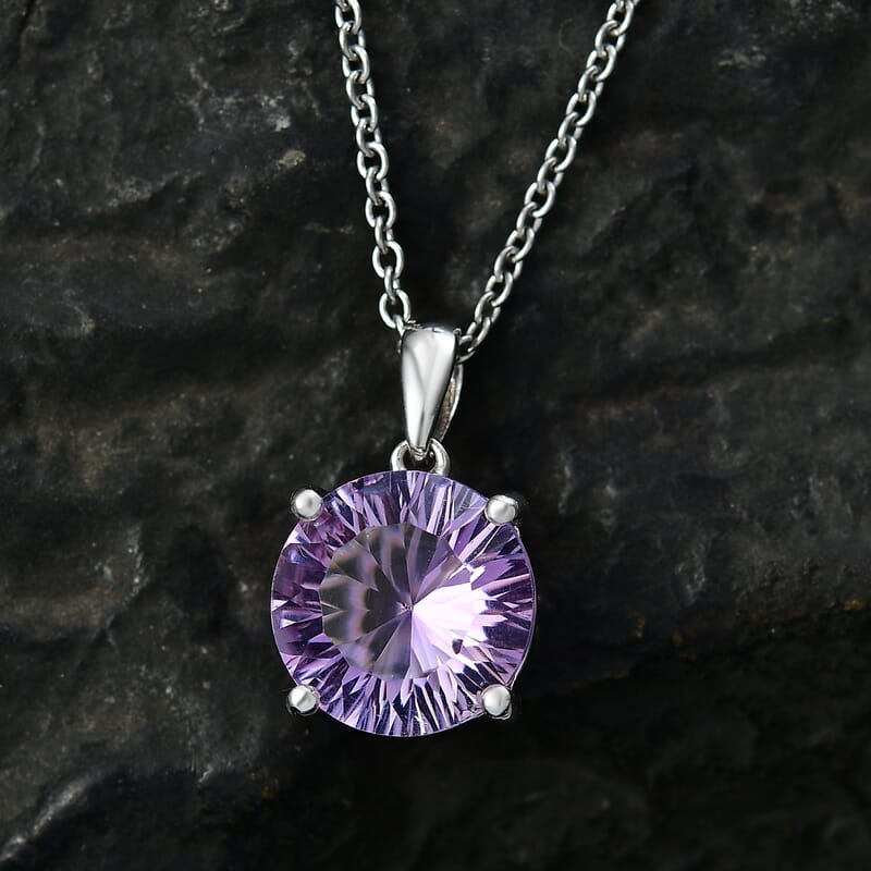 D'Joy Rose De France Amethyst and White Zircon 5.90 ctw Pendant in Platinum Over Sterling Silver with Stainless Steel Necklace 20 Inches