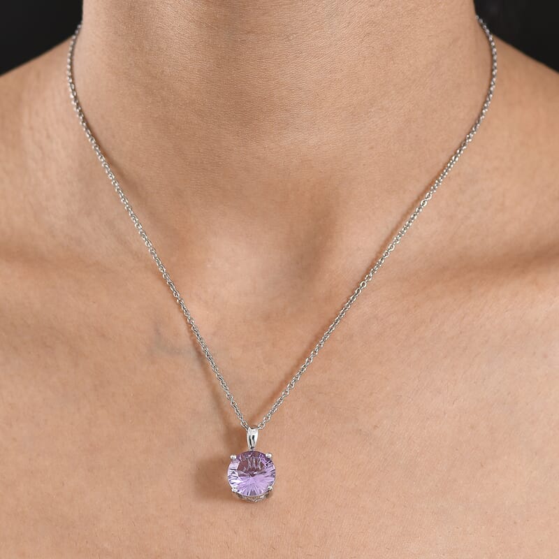 D'Joy Rose De France Amethyst and White Zircon 5.90 ctw Pendant in Platinum Over Sterling Silver with Stainless Steel Necklace 20 Inches
