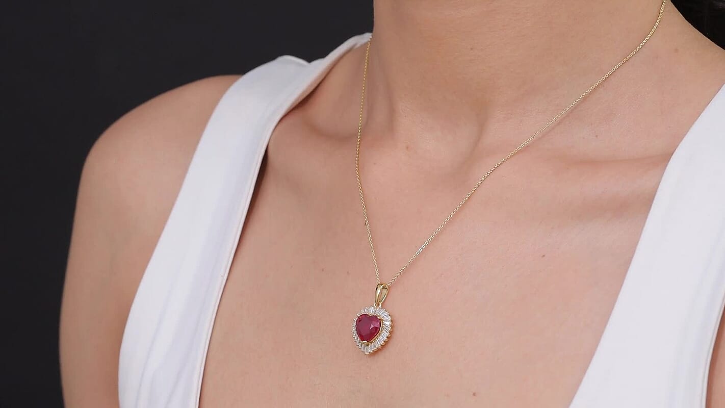 D'Joy Niassa Ruby (FF) and Moissanite 5.90 ctw Heart Pendant Necklace in 18K Vermeil Yellow Gold Over Sterling Silver 20 Inches