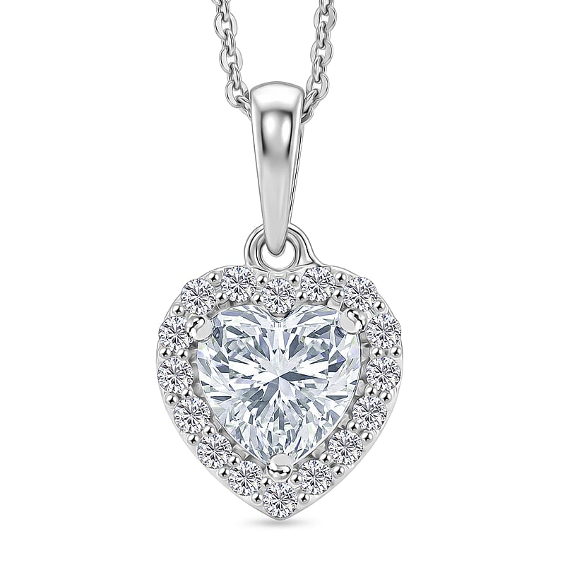 D'Joy Moissanite 1.60 ctw Heart Pendant Necklace in Rhodium Over Sterling Silver (20 Inches)