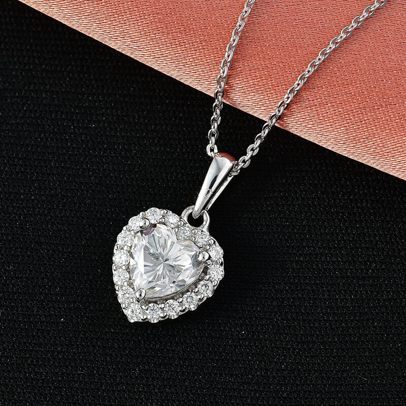 D'Joy Moissanite 1.60 ctw Heart Pendant Necklace in Rhodium Over Sterling Silver (20 Inches)