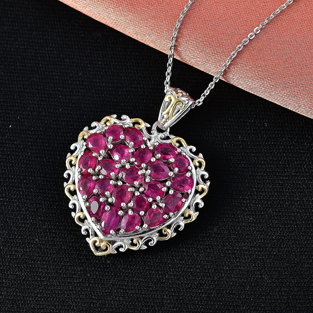 D'Joy Niassa Ruby 4.50 ctw Heart Pendant Necklace in 18K Vermeil YG and Rhodium Over Sterling Silver 20 Inches image number 1