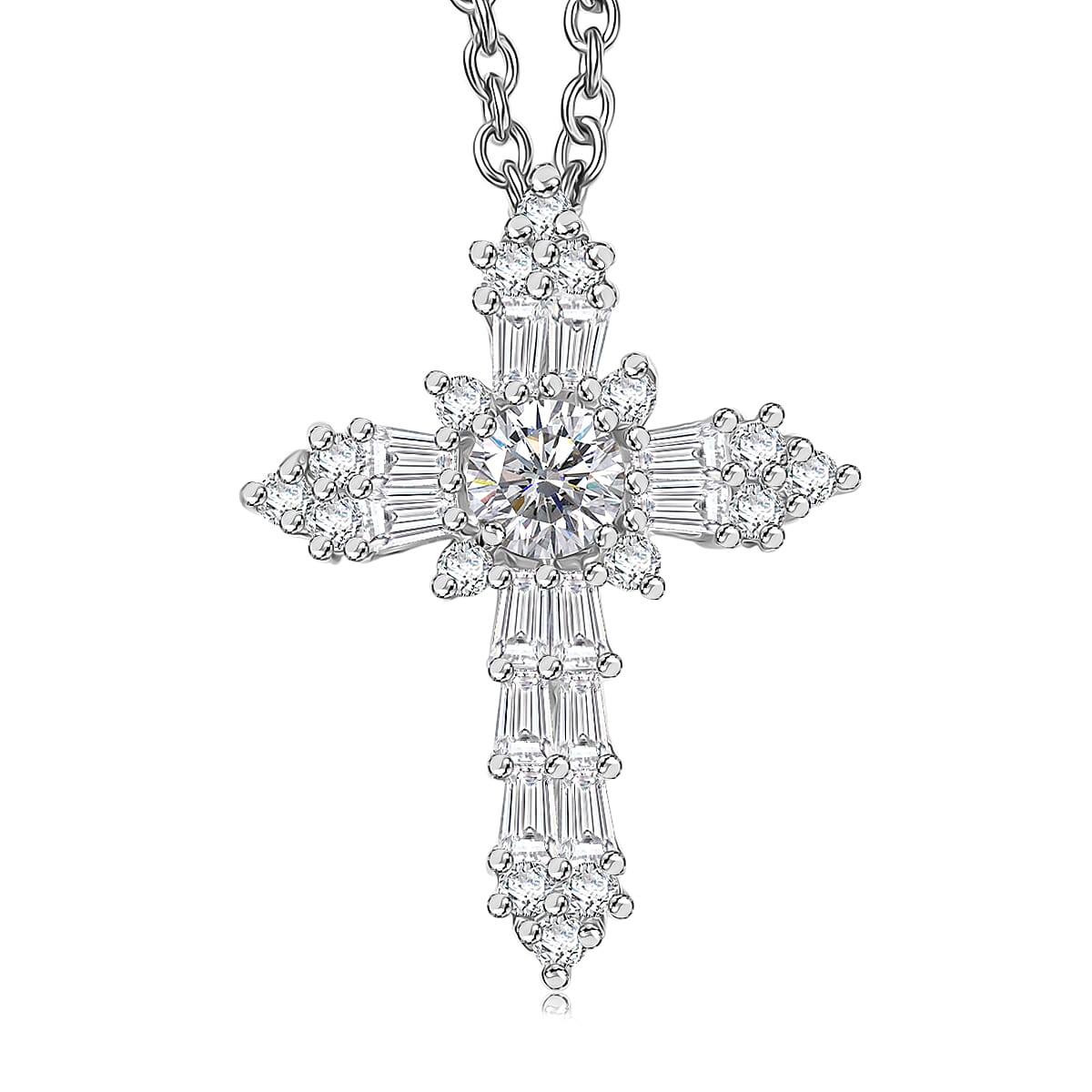 D'Joy Moissanite 0.85 ctw Cross Pendant in Platinum Over Sterling Silver with Stainless Steel Necklace (20 Inches)