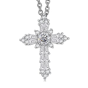 D'Joy Moissanite 0.85 ctw Cross Pendant in Platinum Over Sterling Silver with Stainless Steel Necklace (20 Inches)