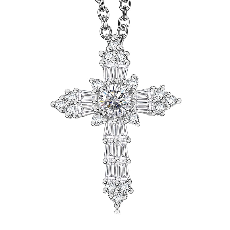 D'Joy Moissanite 0.85 ctw Cross Pendant in Platinum Over Sterling Silver with Stainless Steel Necklace (20 Inches)