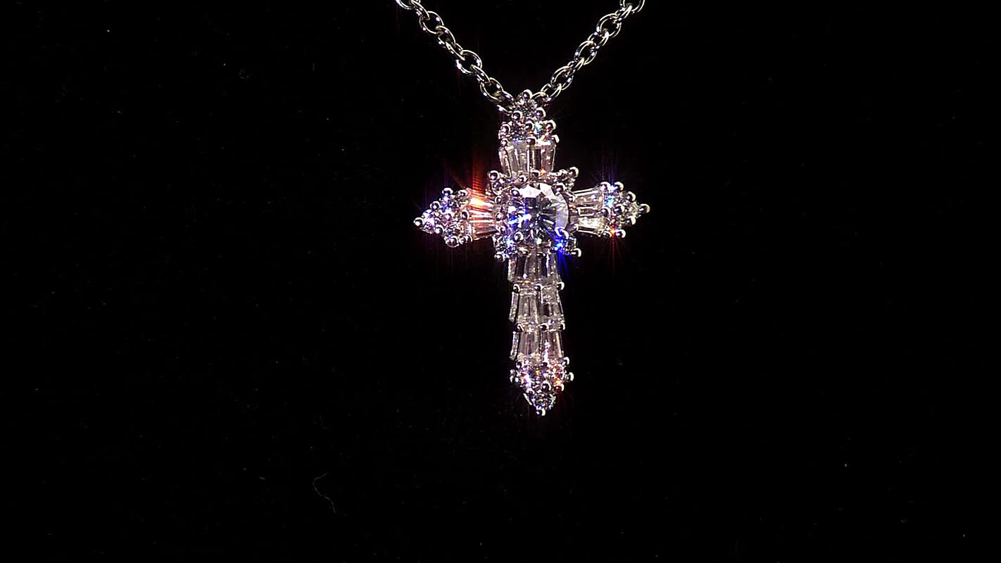 Memorial Day Doorbuster D'Joy Moissanite Cross Pendant in Platinum Over Sterling Silver with Stainless Steel Necklace (20 Inches) 0.85 ctw