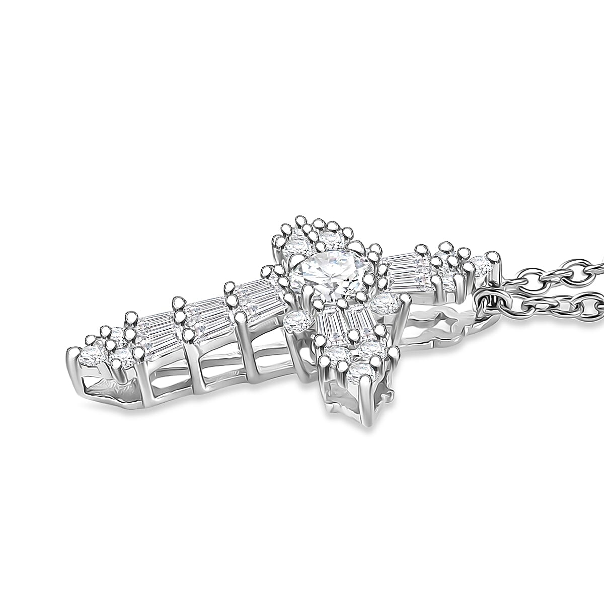 D'Joy Moissanite 0.85 ctw Cross Pendant in Platinum Over Sterling Silver with Stainless Steel Necklace (20 Inches)