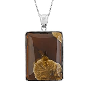 Brazilian Smoky Quartz 72.00 ctw Rectangle Inlay Frame Flower Pendant in Silvertone with Stainless Steel Necklace (20 Inches)