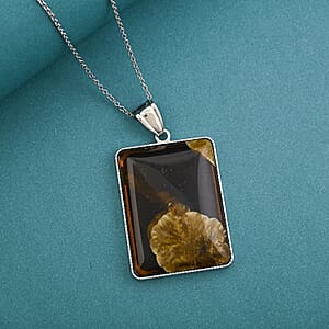 Brazilian Smoky Quartz 72.00 ctw Rectangle Inlay Frame Flower Pendant in Silvertone with Stainless Steel Necklace (20 Inches)