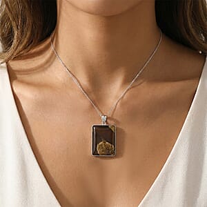 Brazilian Smoky Quartz 72.00 ctw Rectangle Inlay Frame Flower Pendant in Silvertone with Stainless Steel Necklace (20 Inches)