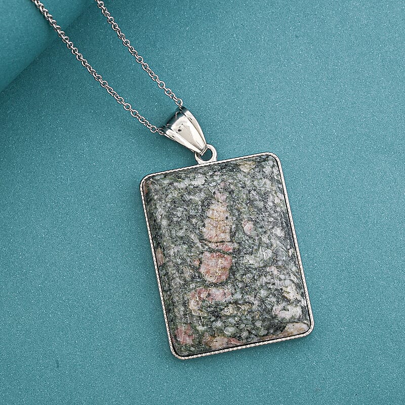 Ruby Zoisite 74.00 ctw Rectangle Inlay Frame Pendant in Silvertone with Stainless Steel Necklace (20 Inches)