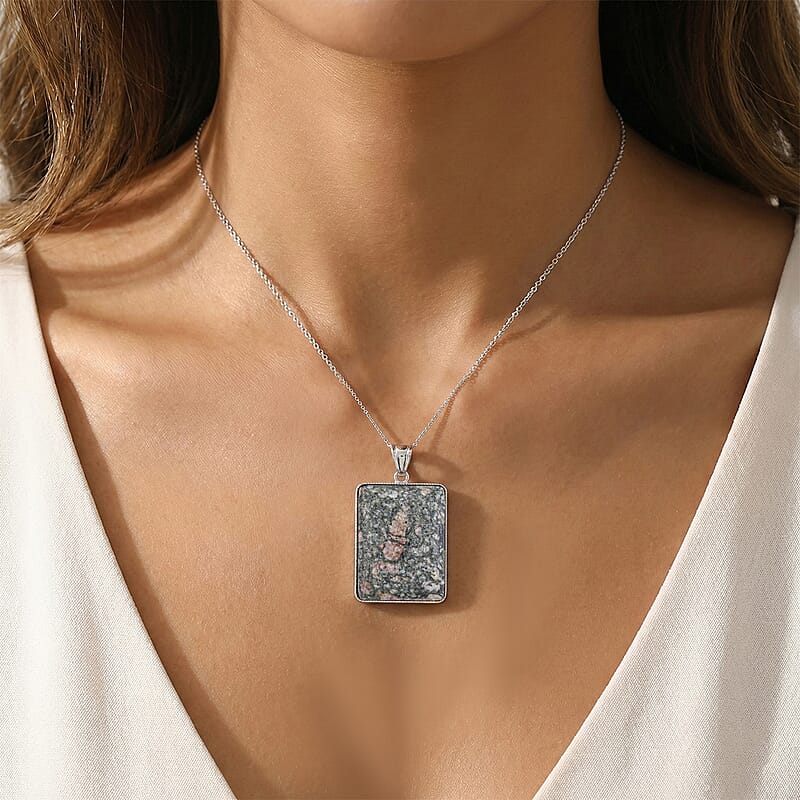 Ruby Zoisite 74.00 ctw Rectangle Inlay Frame Pendant in Silvertone with Stainless Steel Necklace (20 Inches)