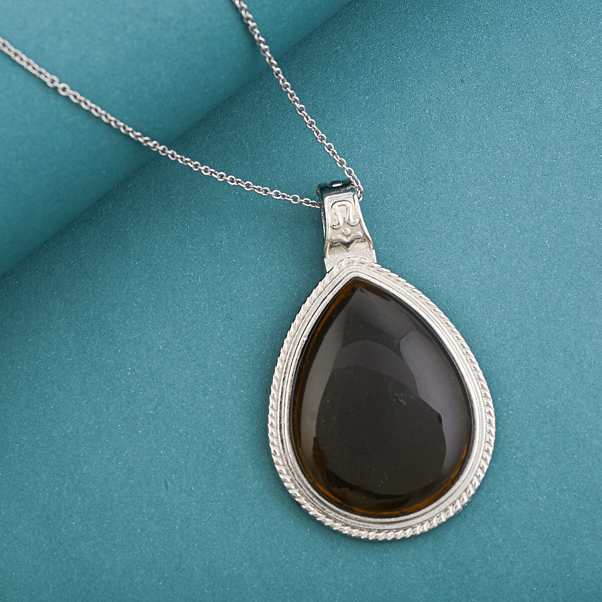Smoky Quartz 78.00 ctw Inlay Frame Pendant in Silvertone Stainless Steel Necklace 20 Inches image number 1