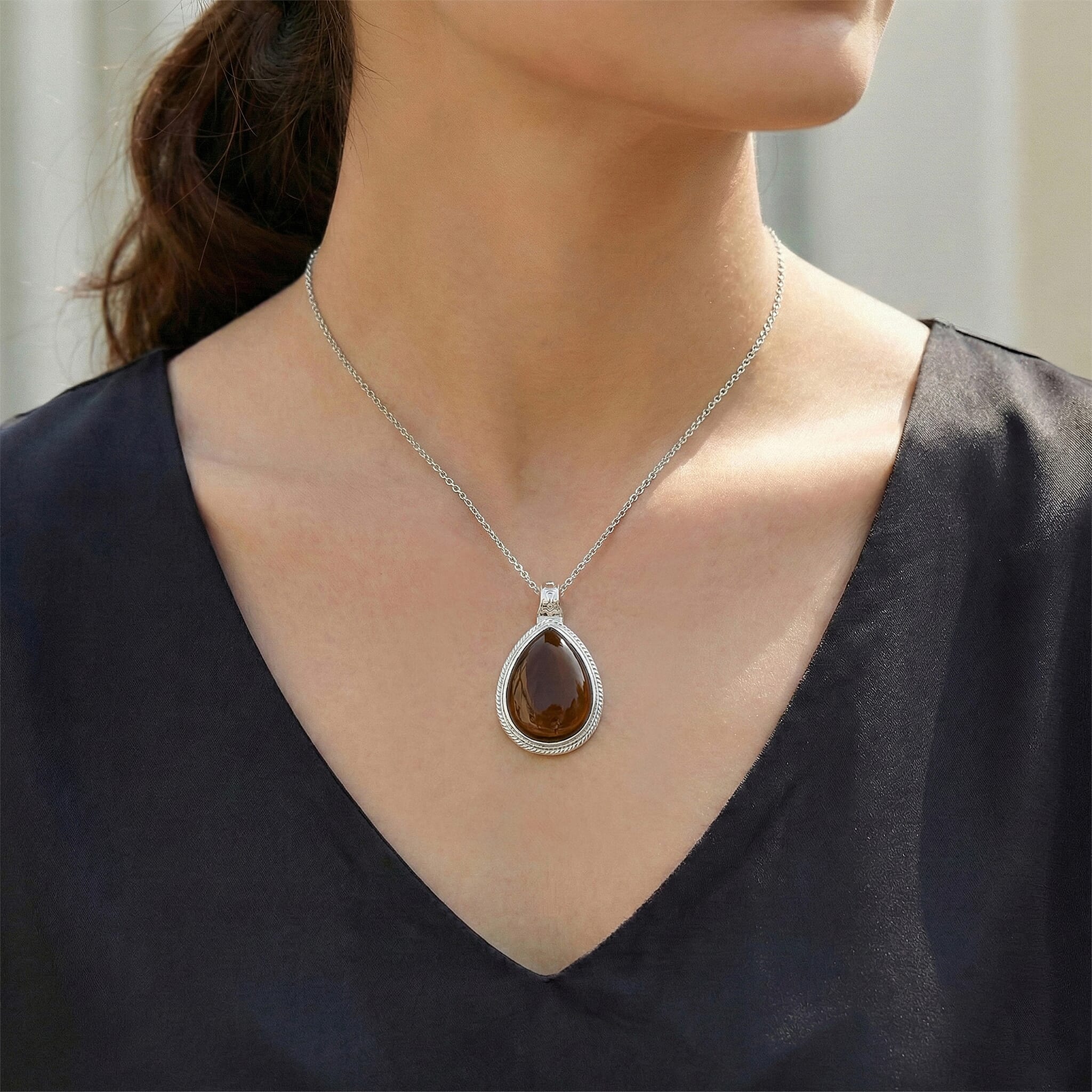 Smoky Quartz 78.00 ctw Inlay Frame Pendant in Silvertone Stainless Steel Necklace 20 Inches