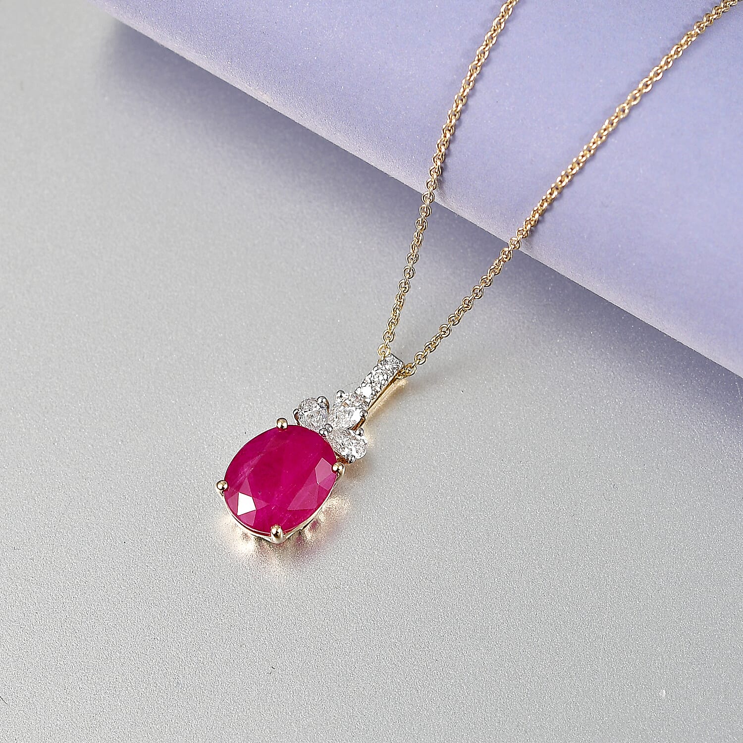 Certified & Appraised AAA Montepuez Ruby and Luxuriant Lab Grown Diamond G-H SI 5.70 ctw Pendant Necklace in 10K Yellow Gold (20 Inches)