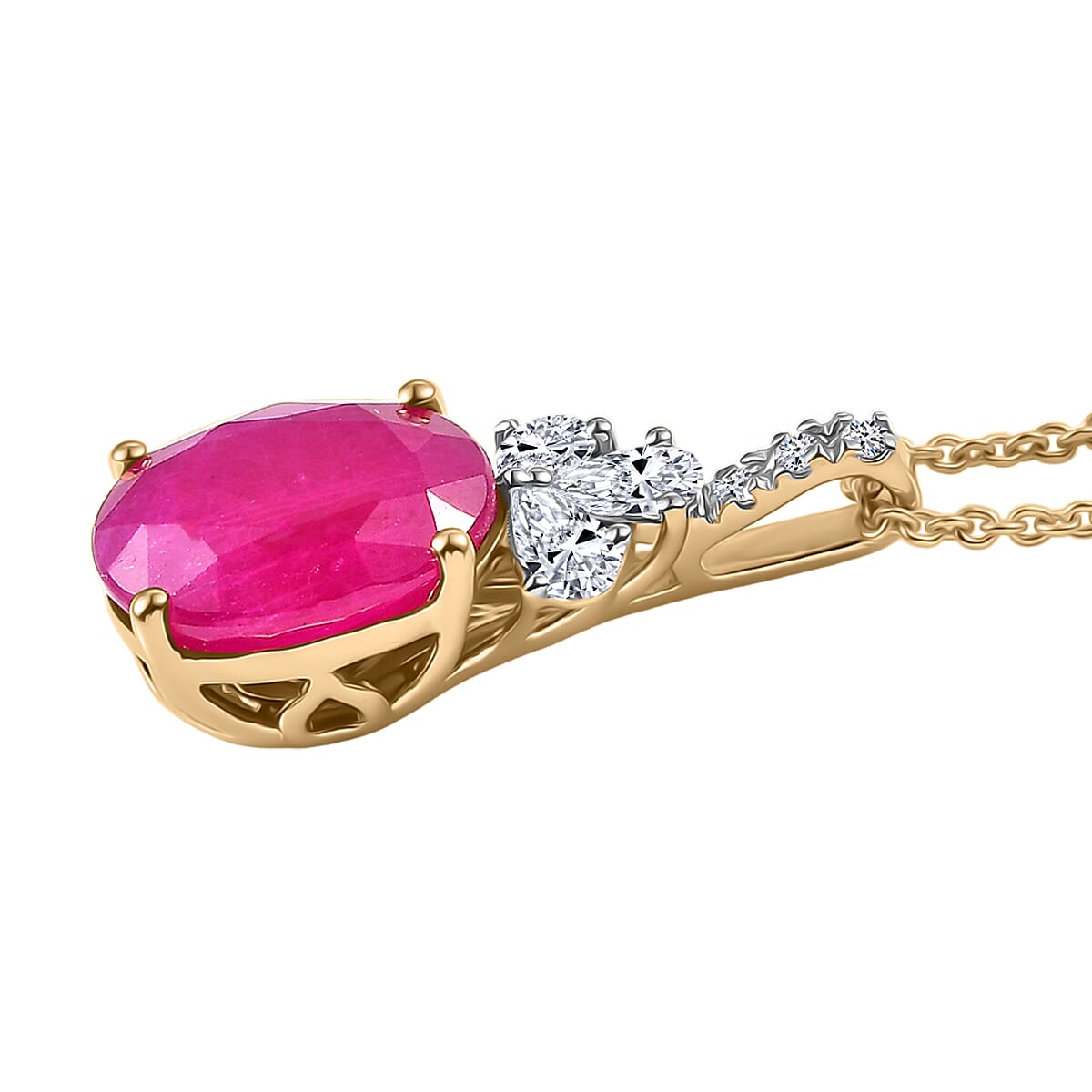 Certified & Appraised AAA Montepuez Ruby and Luxuriant Lab Grown Diamond G-H SI 5.70 ctw Pendant Necklace in 10K Yellow Gold (20 Inches) image number 3