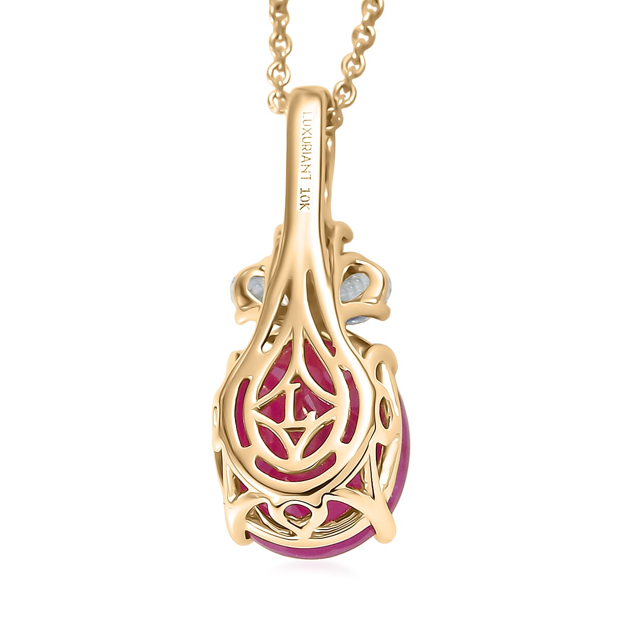 Certified & Appraised AAA Montepuez Ruby and Luxuriant Lab Grown Diamond G-H SI 5.70 ctw Pendant Necklace in 10K Yellow Gold (20 Inches) image number 4